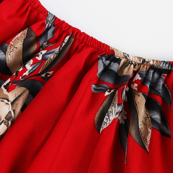 Red Floral Print A Layered A Line Dress with Belt - Picture 3 of 4